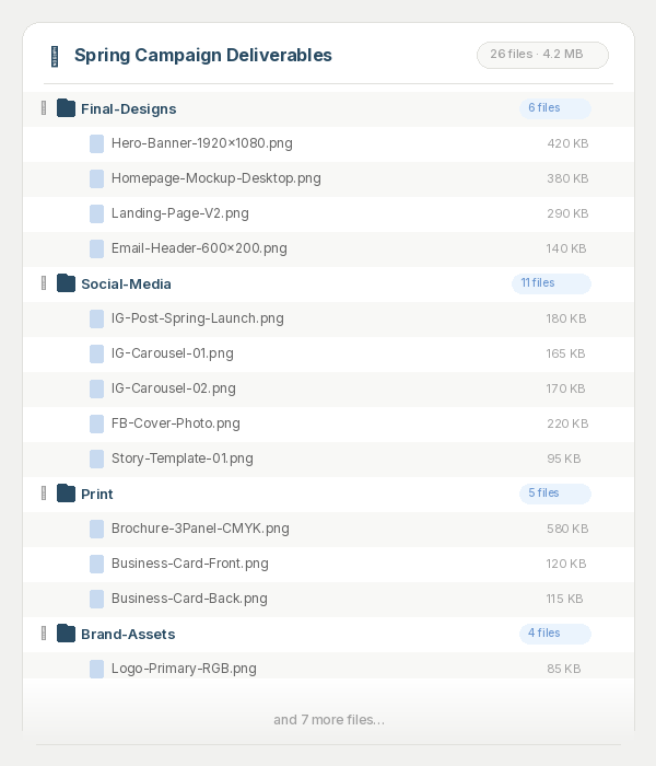 Structured file library showing Spring Campaign Deliverables with folders for designs, social media, print, and brand assets