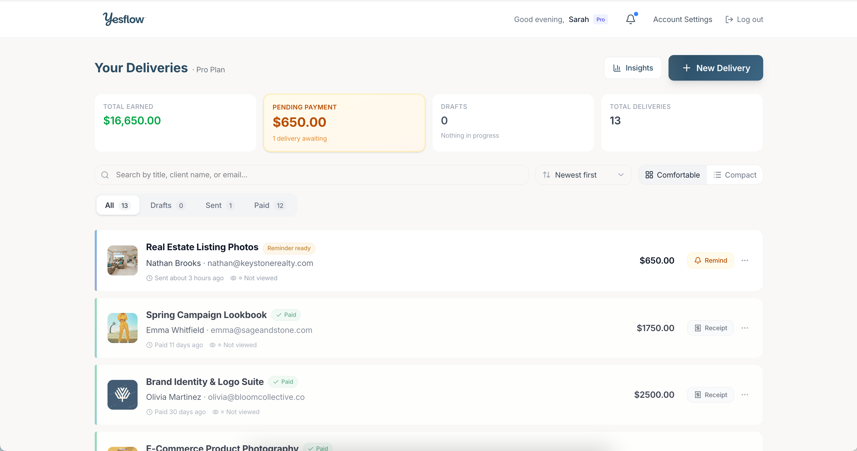YesFlow Dashboard — track deliveries, payments, and clients